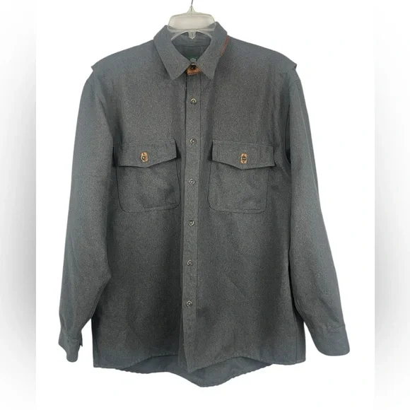 Schnees rifleman flannel shacket in grey w/leather trim collar. Size large GUC - Picture 3 of 11